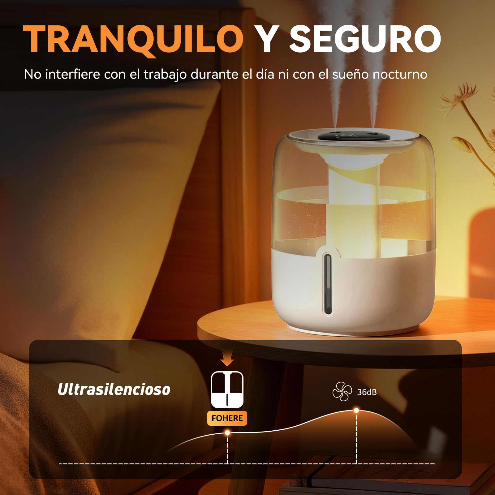 Humidificador 3.8L Top-Fill Silencioso 36dB 30H Autonomía Luz Nocturna Apagado Automático para Bebés y Plantas