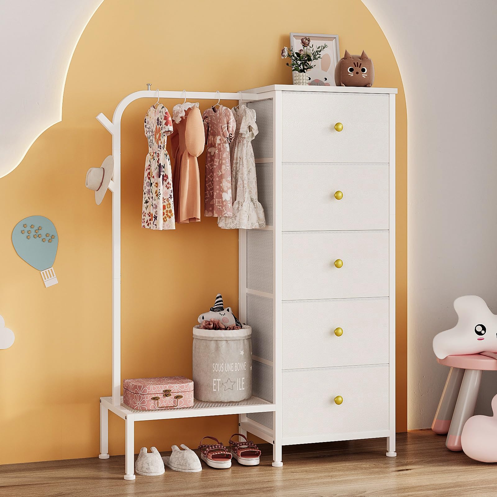 Trironsun Armadietto in tessuto sottile con 5 cassetti e asta appendiabiti per bambini, con mensola pensile, reversibile, salvaspazio, per camera da letto o cameretta dei bambini (bianco)