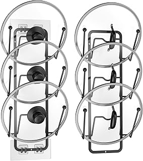 2 Pack Pot Lid Organizer for Cabinet, 2 in 1 Wall Mount & Adhesive Pot Lid Holder Rack for Kitchen Storage 6 Tier Pan Lid Organizer for Easy & Tidy Kitchen Organization