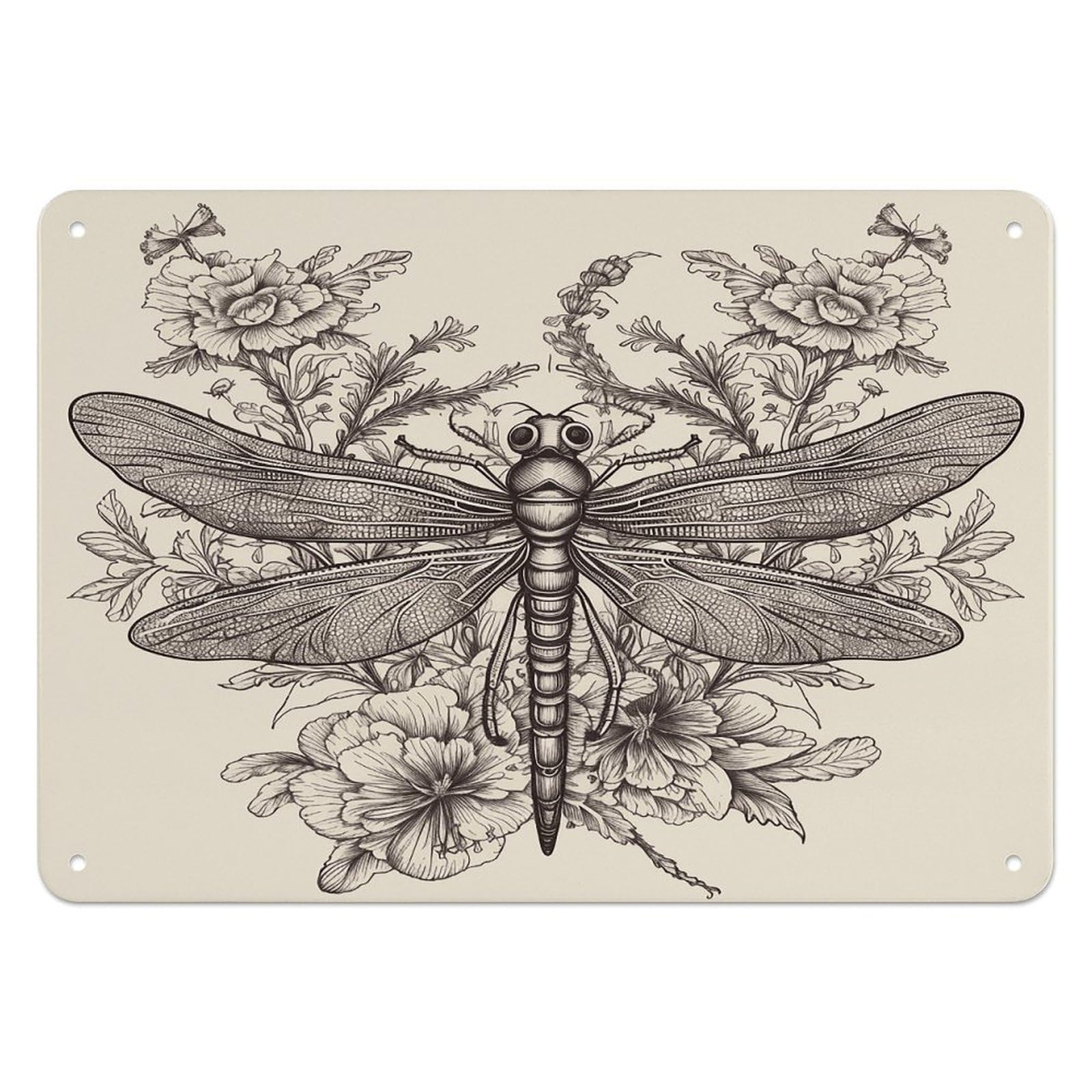 Btcowzrv Style Hand Drawn Floral Dragonfly Metal Sign, 5.5" X 7.9" Tin Wall Decor, Wall Art Plaques For Home Wedding Decor Room Living Room Decoration