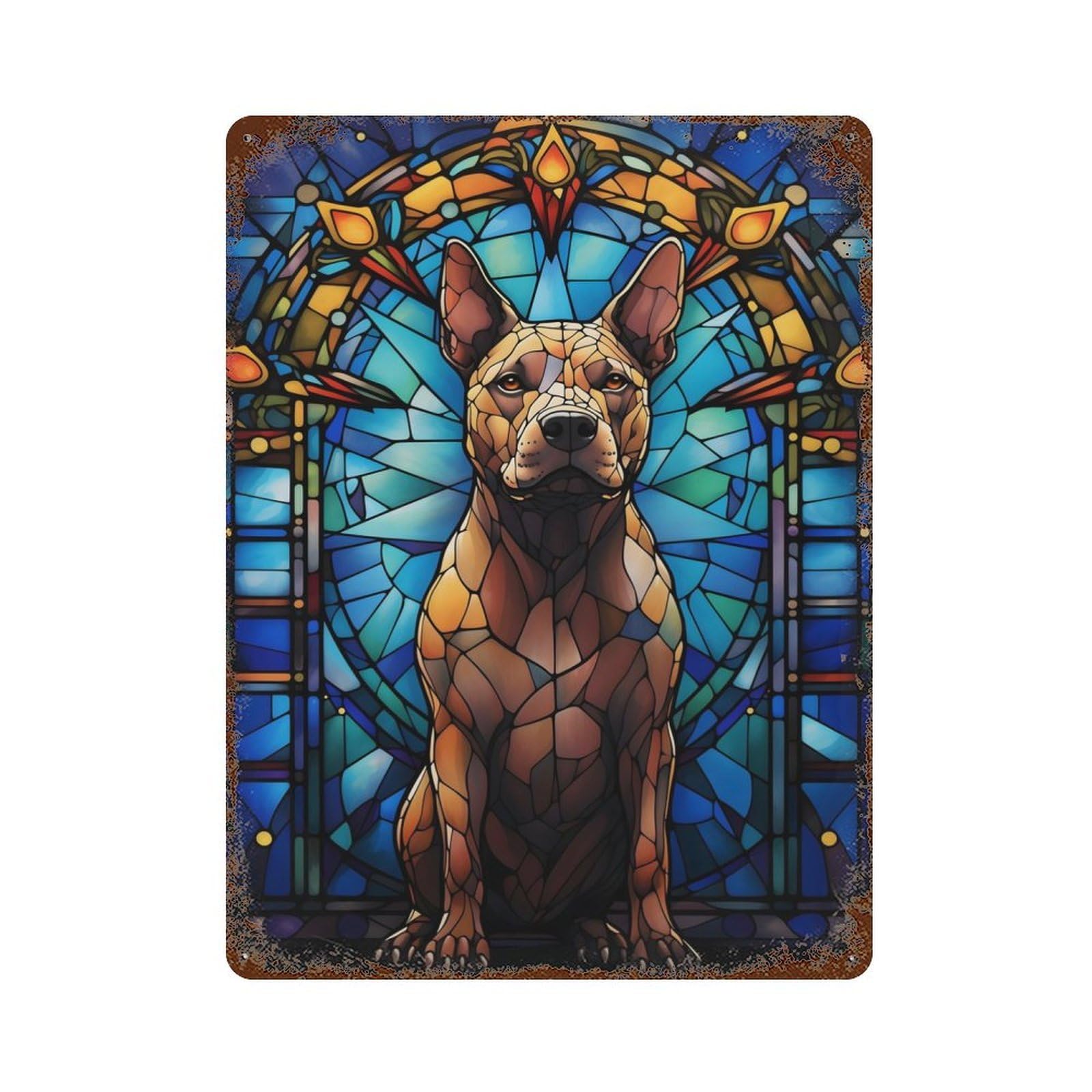 Pit Bull Dog Stained Glass Rusty Metal Tin Sign 15.7"x11.8", for Basement, Hobby Room And Garage Decor, Retro Wall Decor