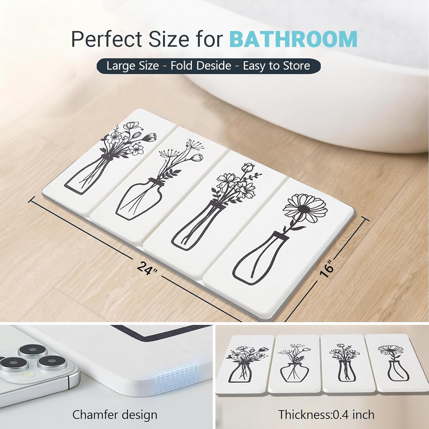 Foldable Stone Bath Mat - 24x16 Inch, Diatomaceous Earth Fast Absorbent Large Black and White Floral Farmhouse Stone Bath Mats for Bathroom Decor Quick Dry Non-Slip Shower & Bathtub & Drying Mat - Image 2