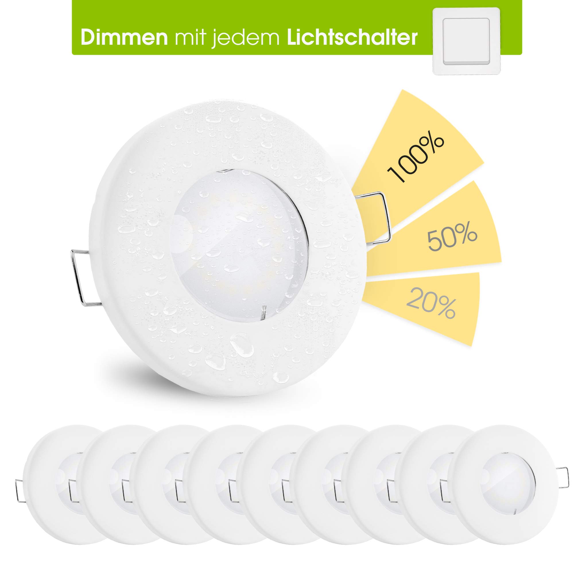 linovum 10 Stück fourSTEP Deckeneinbaustrahler LED Bad flach dimmen ohne Dimmer - LED GU10 5W warmweiß 230V - Spot weiß IP65