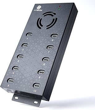 USB 2.0 Hub Type-C Multi Safety 10 Ports Powered, with AC Adapter, Aluminum USB Splitter with Cooling Fan - Type C for Laptops & PC, PC,Flash Drives, HDD, Hard Drive, Mouse, XPS, Xbox, Keyboard