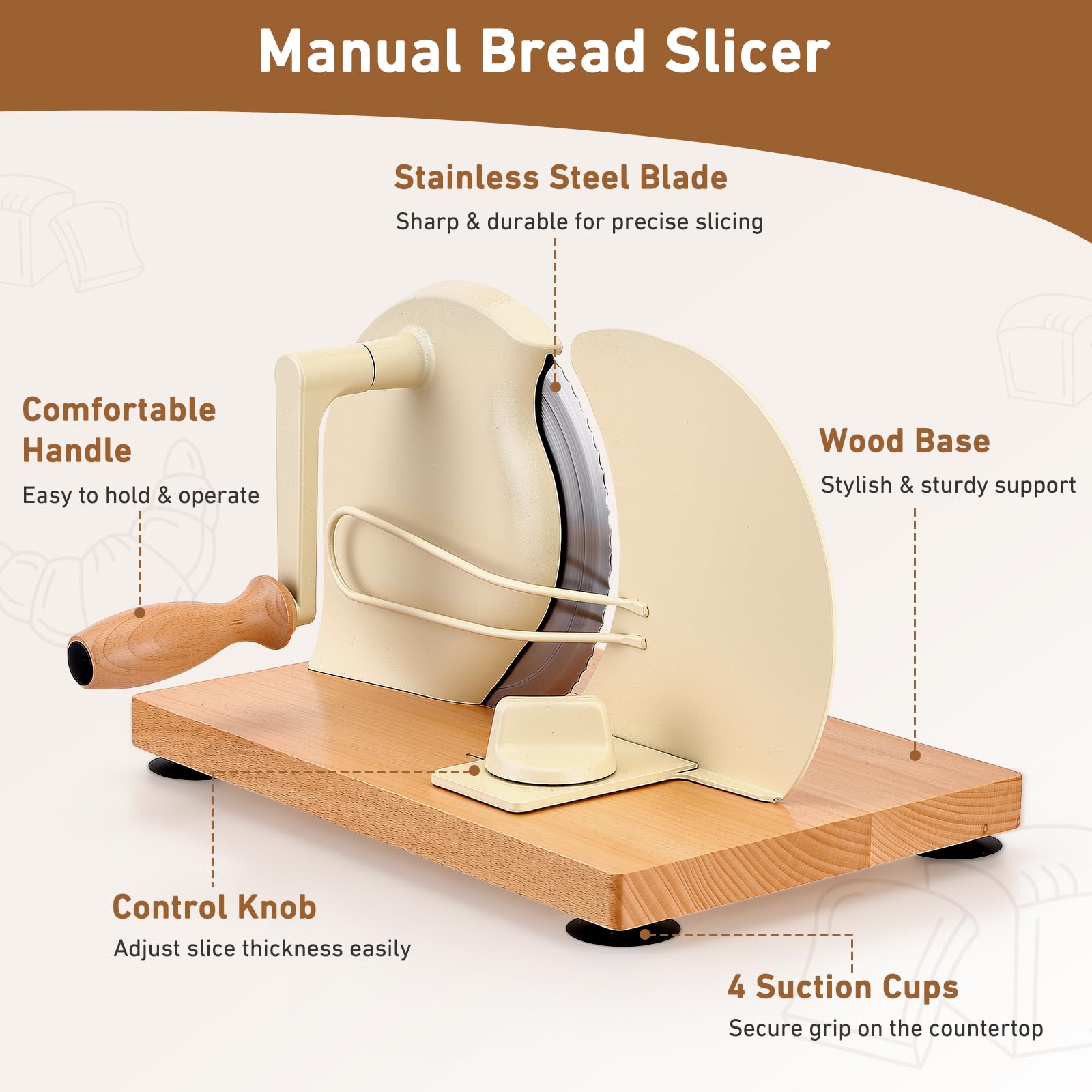 Affettatrice per il pane manuale con manovella per uso domestico tagliapane con lama in acciaio inossidabile, design a foglia seghettata per pane fatto in casa, tagliapane per hamburger