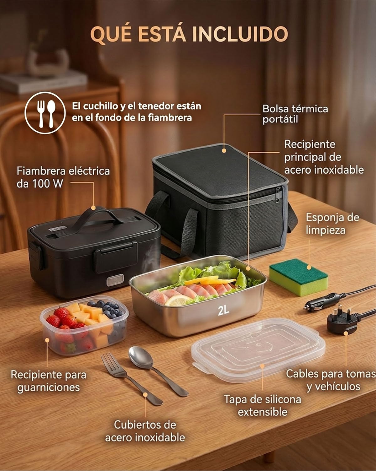 Fiambrera Eléctrica de 2 Litros, Compatible con 12V/24V/220V, Bandeja Extraíble de Acero Inoxidable, Incluye Recipiente para Frutas, Cubiertos y Esponja – Ideal para Coche, Camión, Oficina y Viajes