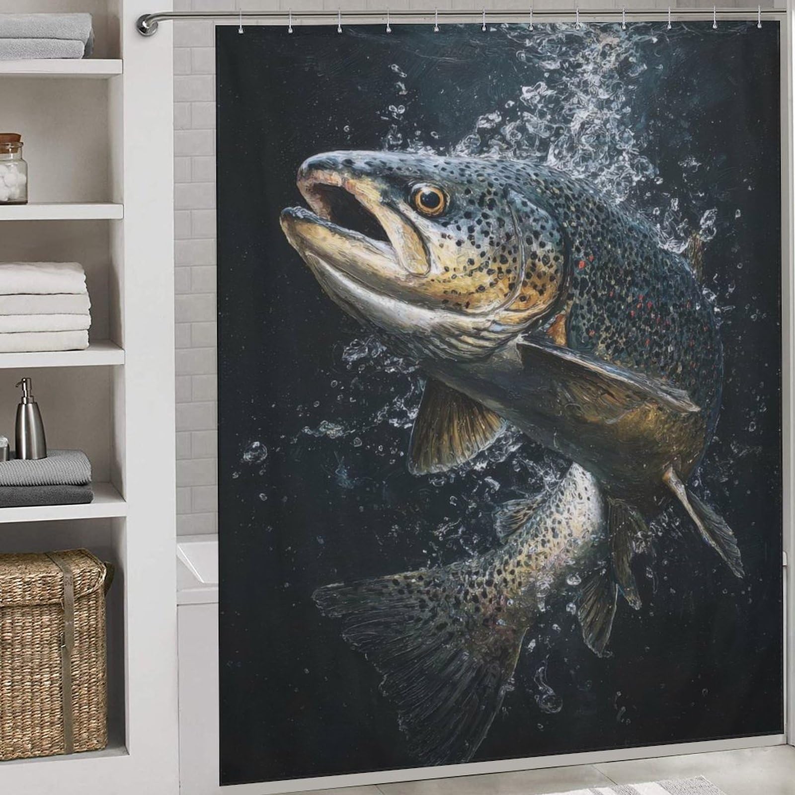 Rideau de douche truite imperméable et humoristique pour salle de bain 177x180cm