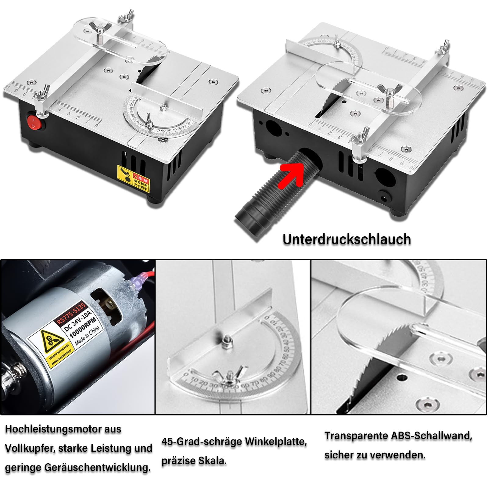 96W Tischkreissäge mit 4 Klingen, 7-Gang-Netzteil Mini Elektrische Tischsäge Tragbare Präzisions Schneidmaschine Multifunktionale Kleine Table Saw für Holzbearbeitungsprojekte (Nicht Einstellbarer)