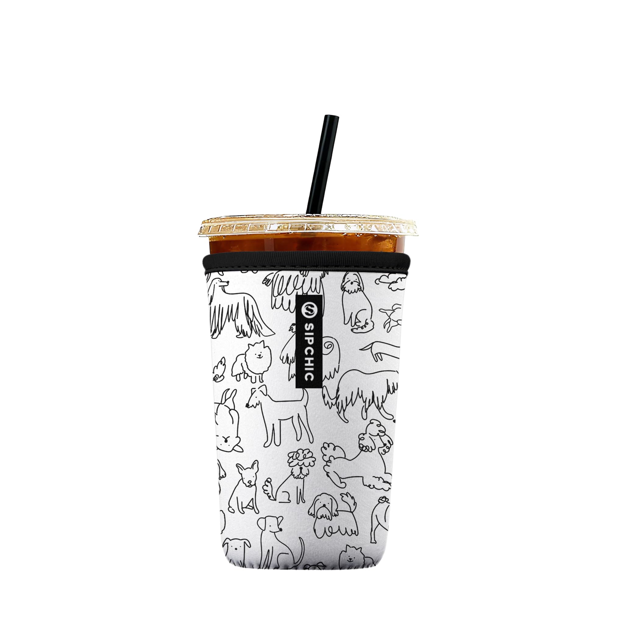 Iced Coffee Sleeve – Neoprene Reusable Cup Sleeves for Drinks, Insulated Drink Sleeves to Keep Hands Dry &amp; Drinks Cold, Stylish &amp; Durable Coffee Sleeves (Puppy Sketch, Medium: 22-29oz)