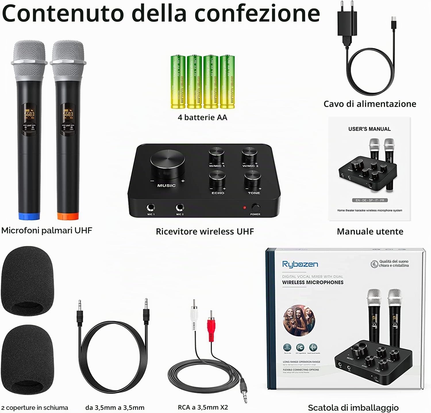 Rybozen Karaoke Micro Wireless, Sistemi di Microfono Senza Fili UHF Doppio Portatile per Karaoke, TV, PC, Festa, DJ, Altoparlante, Riunione, Chiesa, Matrimonio, Supporto Ingresso/Uscita HDMI AUX