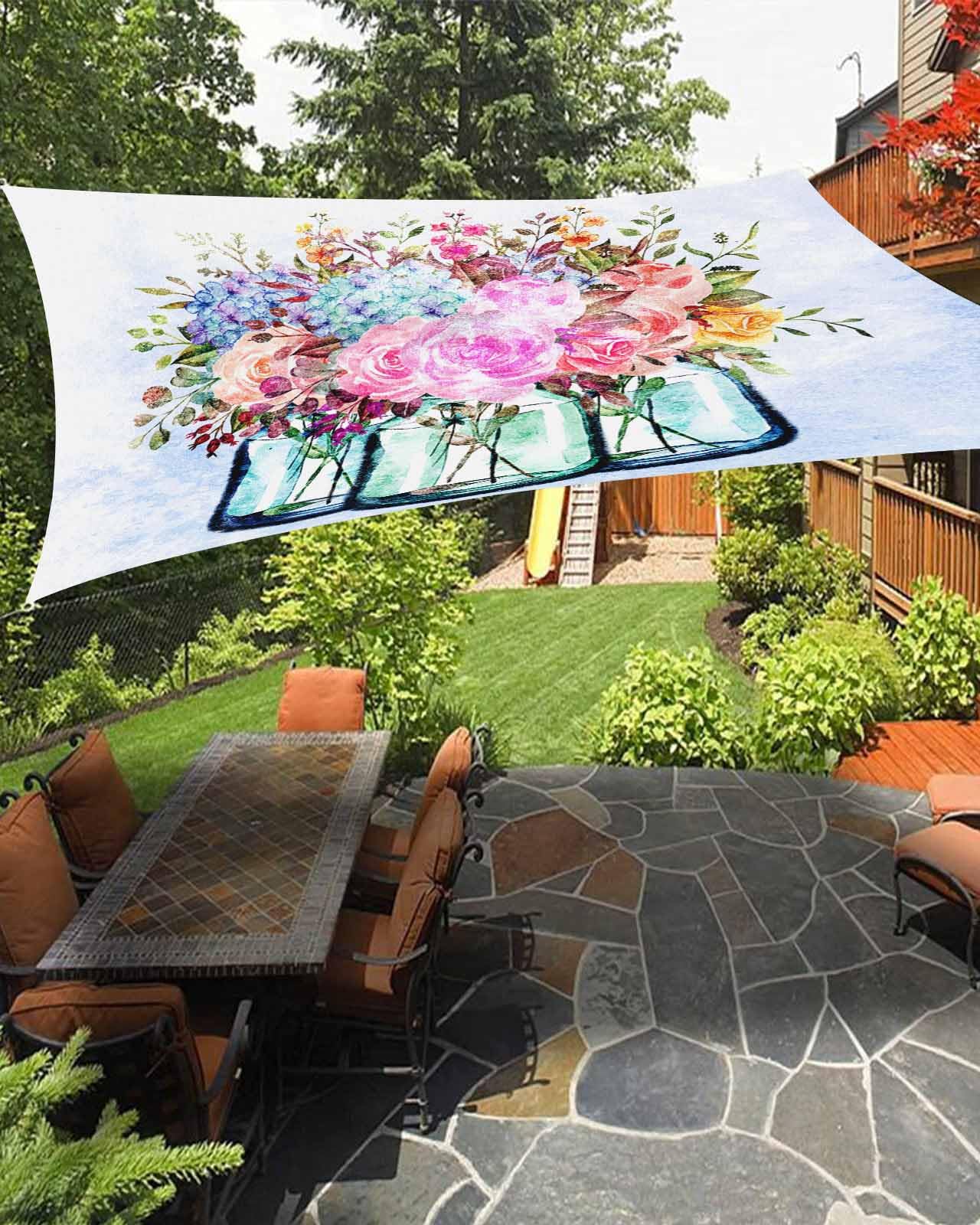 Boanket Sun Shade Sail 8' x 10', Spring Floral Rectangular Waterproof Outdoor Sun Shades, Summer Botanical Blue Ombre Watercolor Shade Cloth for Patio Deck Terrace Garden Lawns Beach Backyard