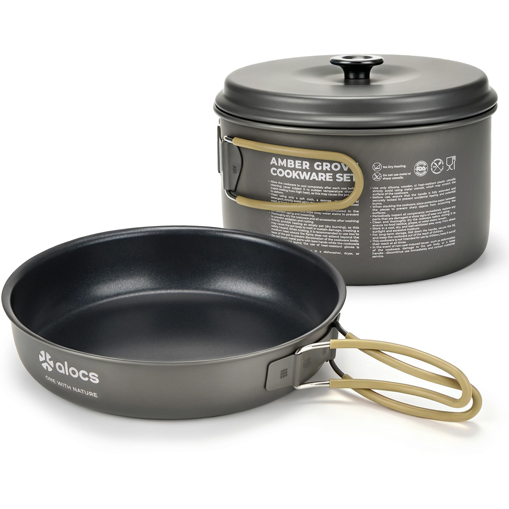 2-Piece Camping Cookware Set, 2.2L Pot & 7.5-Inch Nonstick Fry Pan