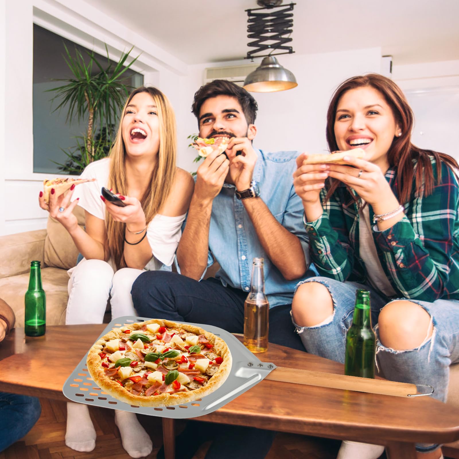 Łopatka do pizzy perforowana, okrągła, aluminiowa 12 cali, z wyjmowanym uchwytem, do grillowania, do gotowania, pizzy z drewnianym uchwytem