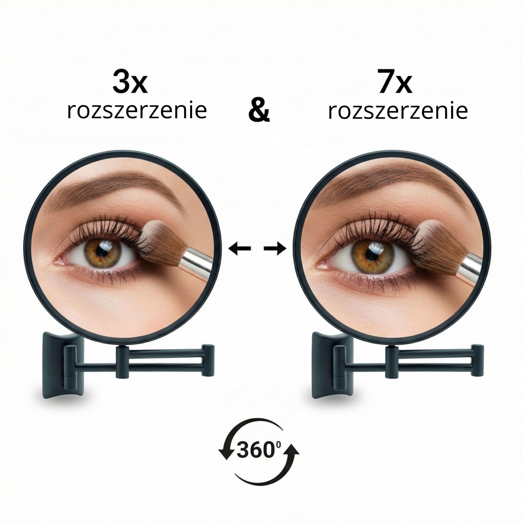Imola Lusterko Kosmetyczne Ścienne – Obrotowe 360° – Dwustronne Lusterko do Golenia z Powiększeniem 3x i 7x – Wysuwane Ramię, Czarny Metal, Ø 19 cm