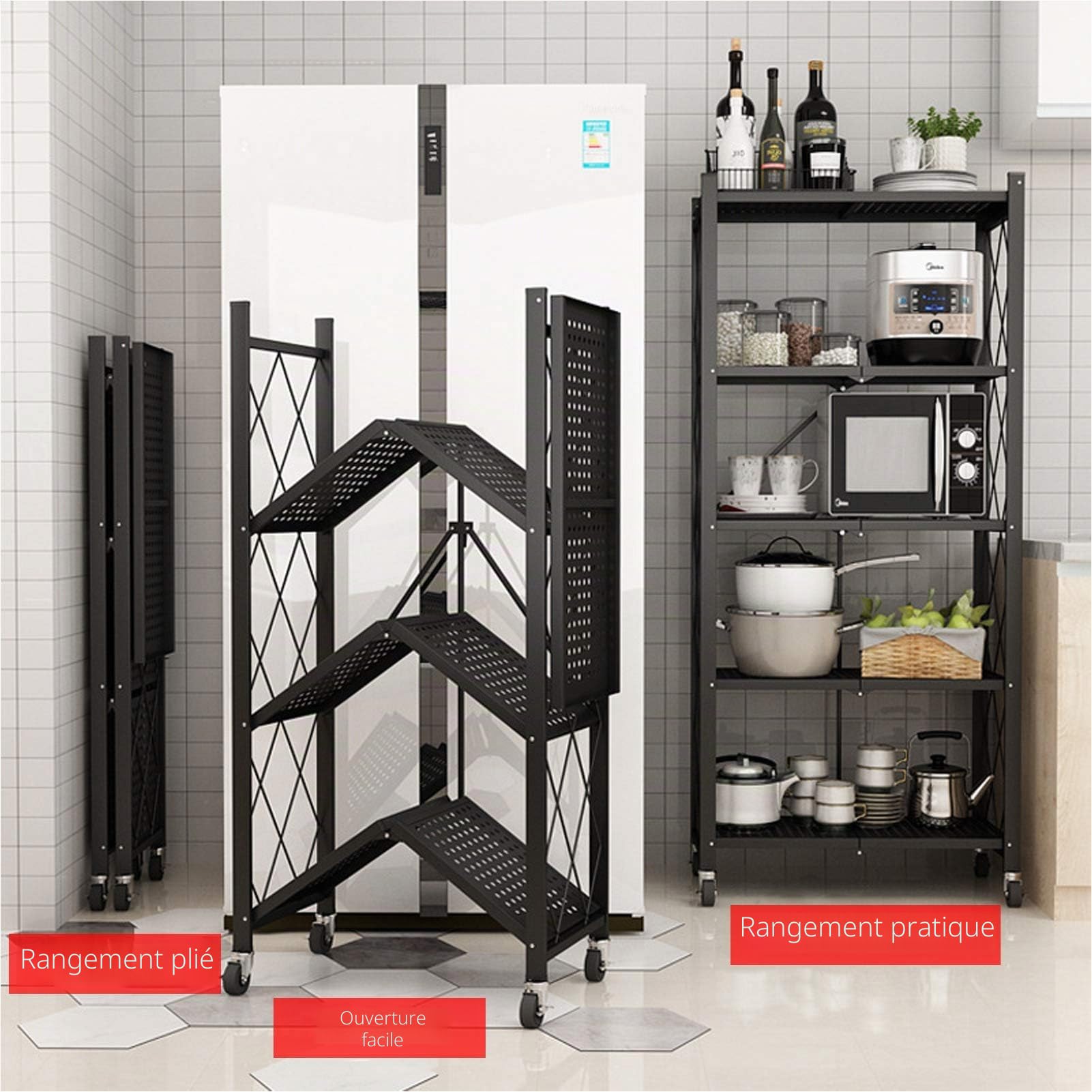 Étagère de rangement pliable en métal 4 étagères - 71,1 x 35,6 x 127 cm (l x p x h) - Pour garage, cuisine, boulangerie, robuste sur roulettes