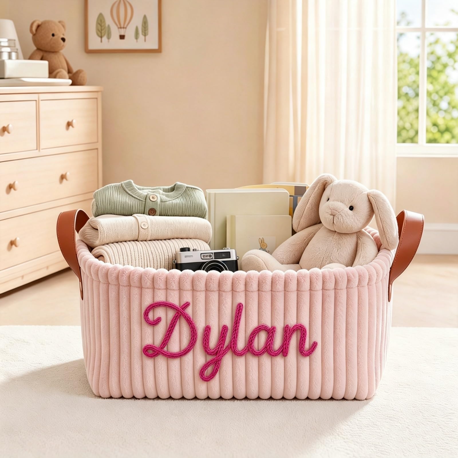 Custom Baby Diaper Caddy, Personalized Corduroy Storage Bin, Nursery Decor