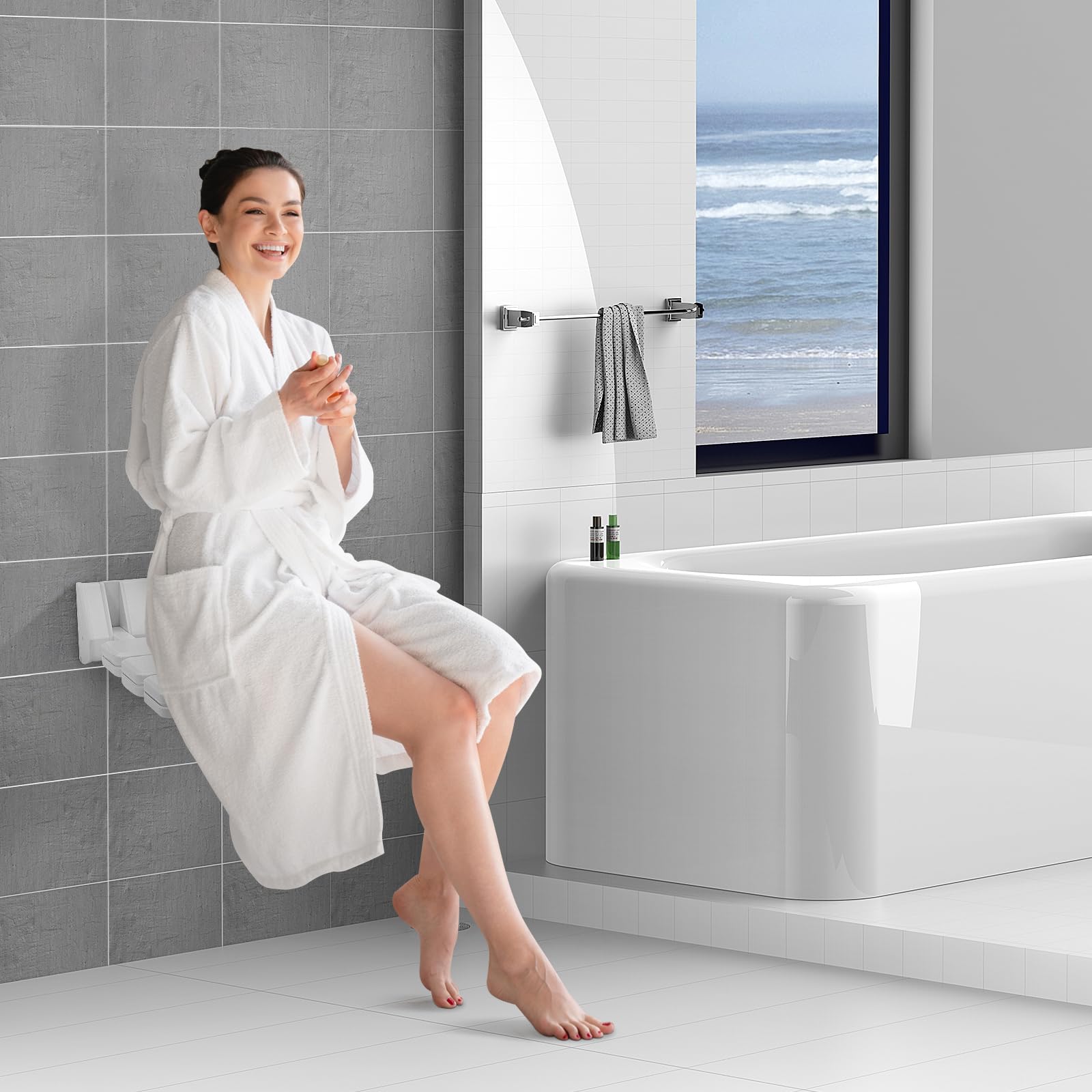 Sedile per Doccia Pieghevole, Sgabello Bagno Montaggio a Parete Pieghevole, Doccia Sedile Sgabello per Anziani, Max. 130 kg