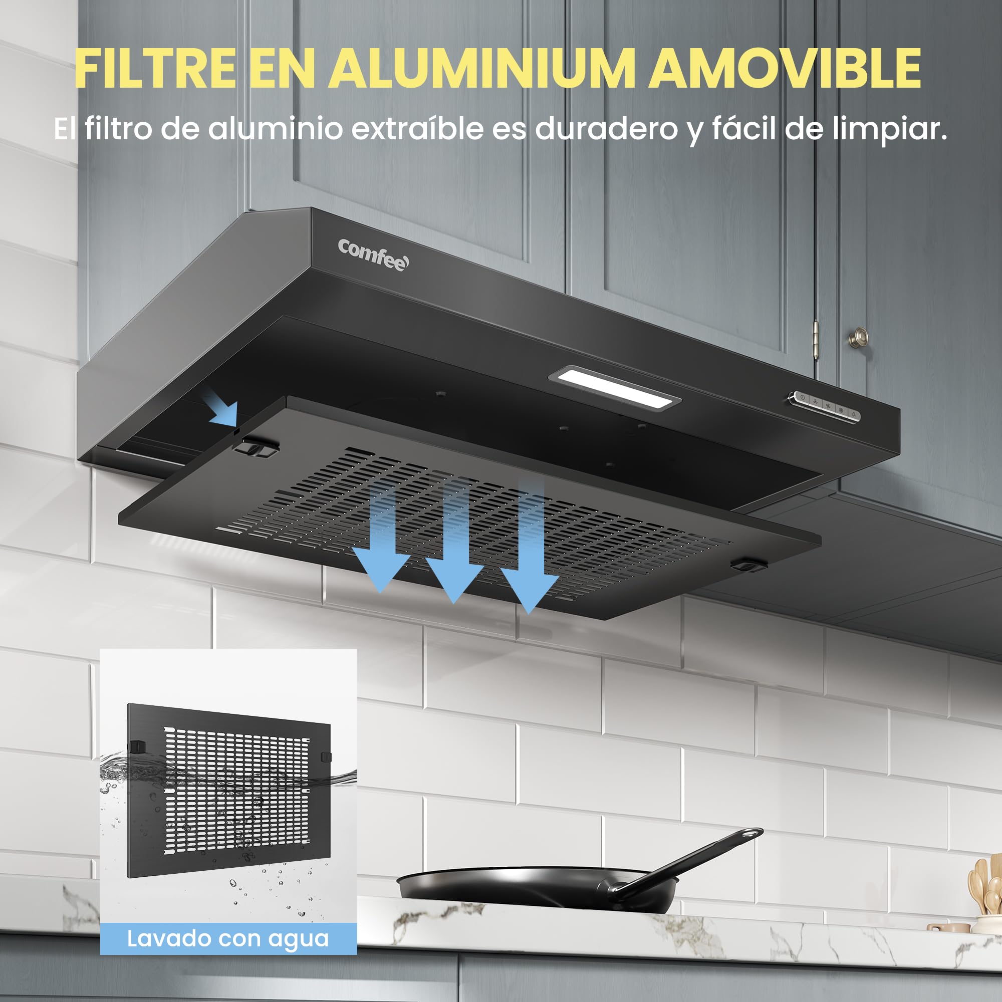 COMFEE' Cappa Aspirante 60 cm SLIF17B-60 A LED Sottopensile Aspiratore A Parete Aspirazione Superiore 600 mm - Nero