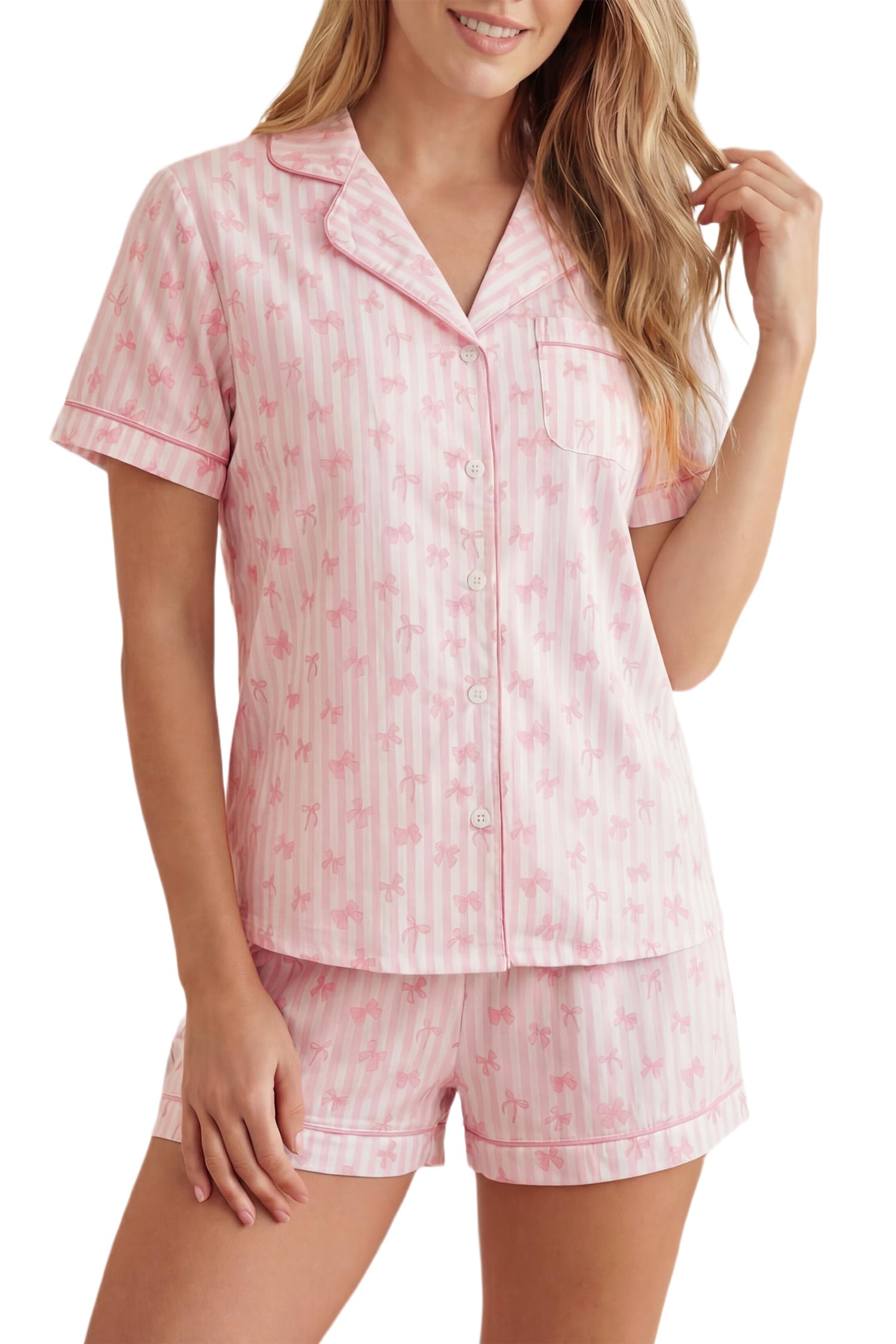 LUBOT 100% Cotton Pajamas for Women 2 Piece PJ Set Poplin Woven Lightweight Ladies Button Short Sleeve Sleepwear S-XXL