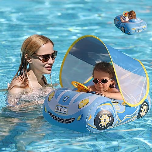 Flotador inflable de PVC grueso 3D para piscina con cubierta de parasol y volante, edad de 1 a 4 años