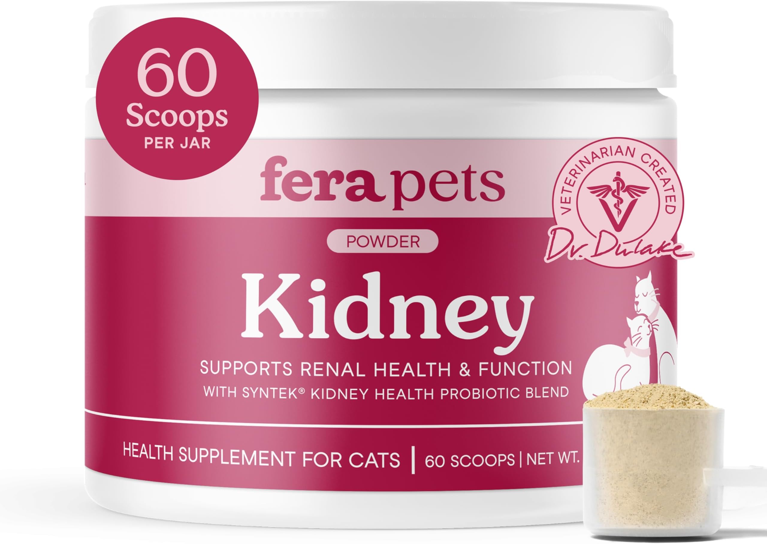Fera Pets Cat Kidney Support Powder with Antioxidants & Probiotics - Enhances Renal Health & Function - Promotes Regular Detoxification - 60 Scoops