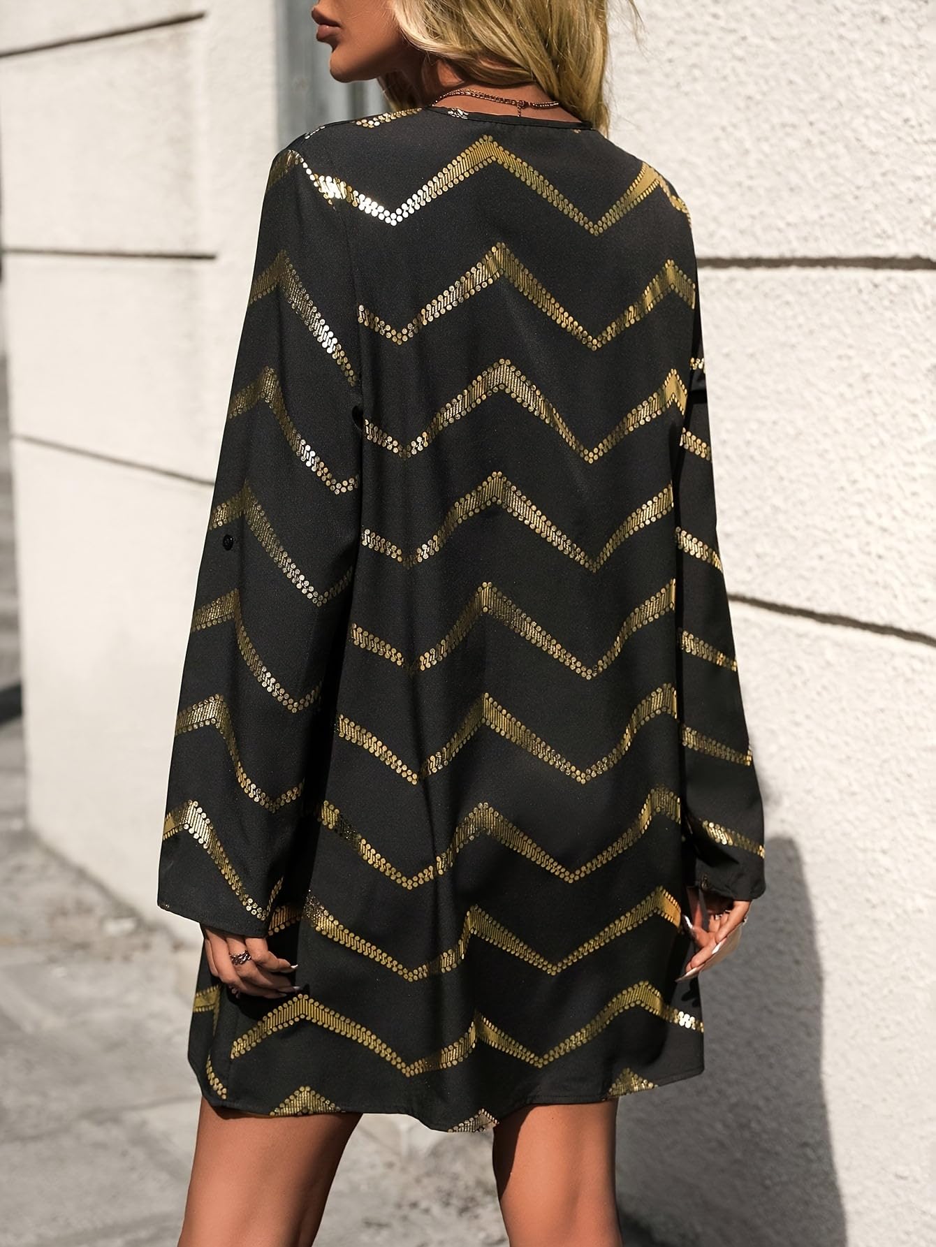 Vestido de Mujer Elegante, Vestido Informal Manga Larga Mujer Elegante con Escote en V Estampado Chevrones Metalizado y Bronceado Dress Otoño Vestido Corto Holgado Atuendo Moderno para Ofici