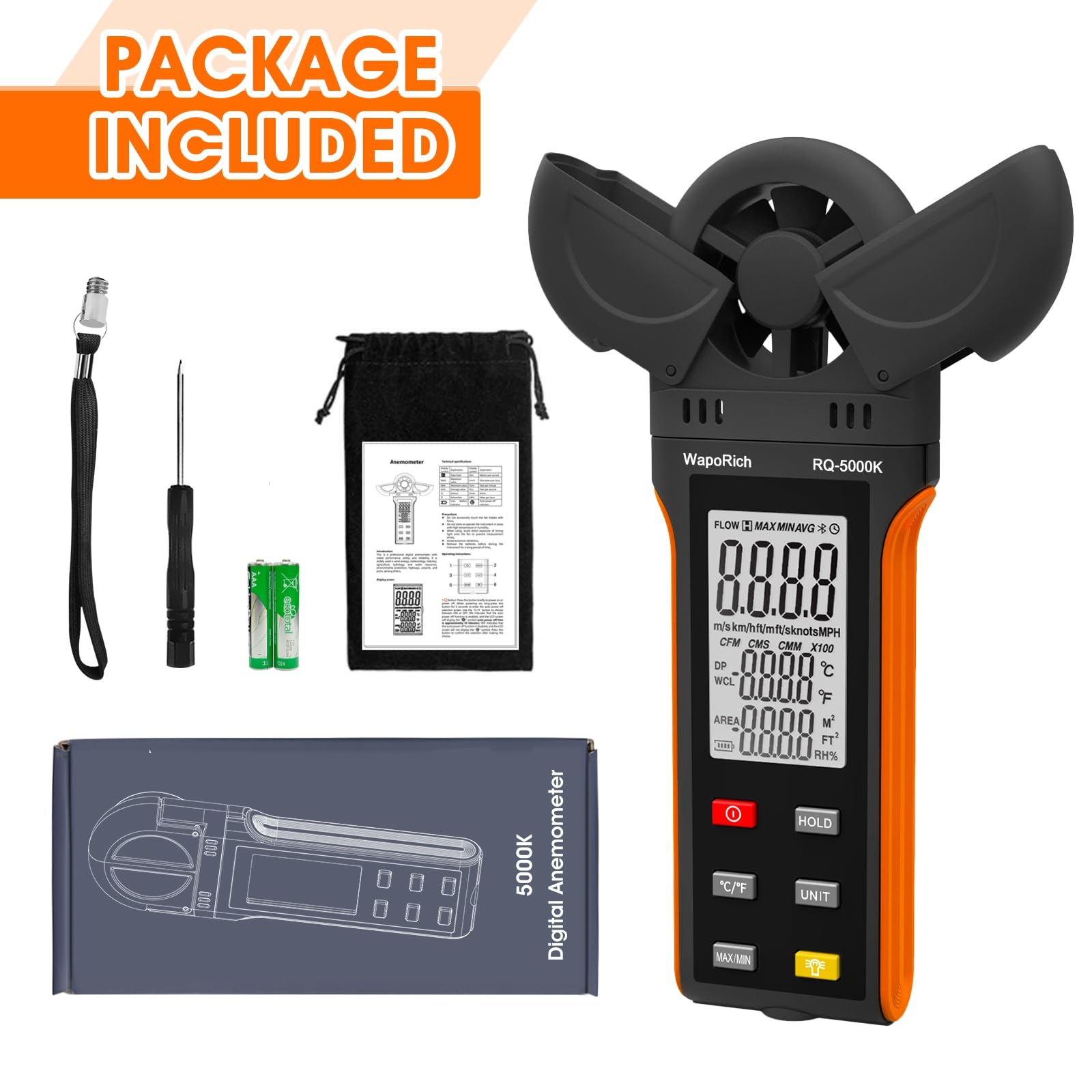 Anémomètre numérique WapoRich - Mesure de l'humidité / de la température / de la vitesse du vent avec MAX/MIN/AVG - Pour HVAC, voile, surf, drone - RQ-5000 K