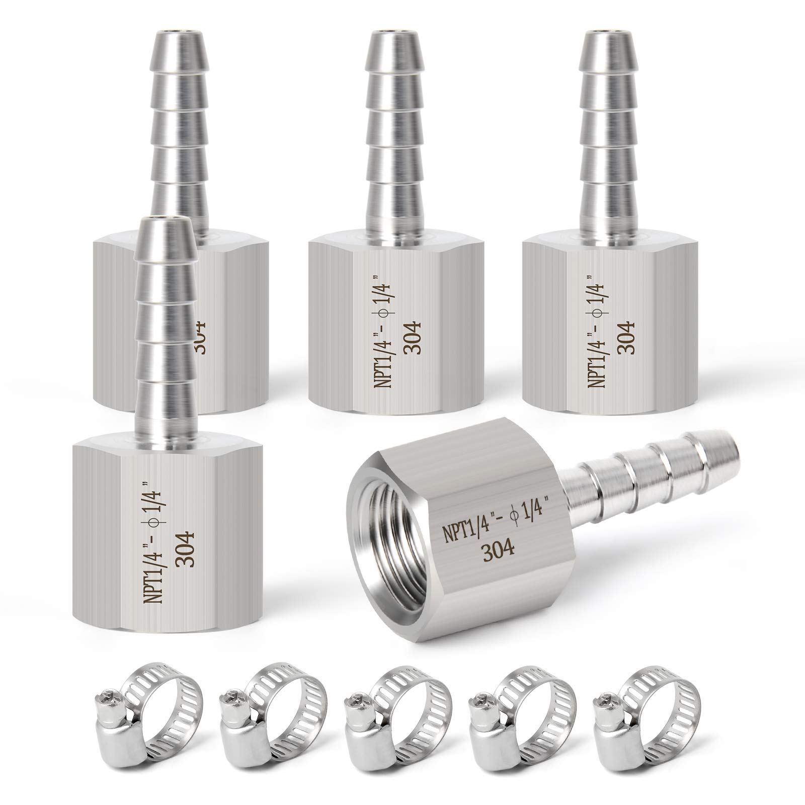 TAISHER5PCS 304 Stainless Steel of Air Hose Fittings, Hose Barb Fittings 1/4" Hose Barb x 1/4" FNPT with 5PCS Hose Clamp