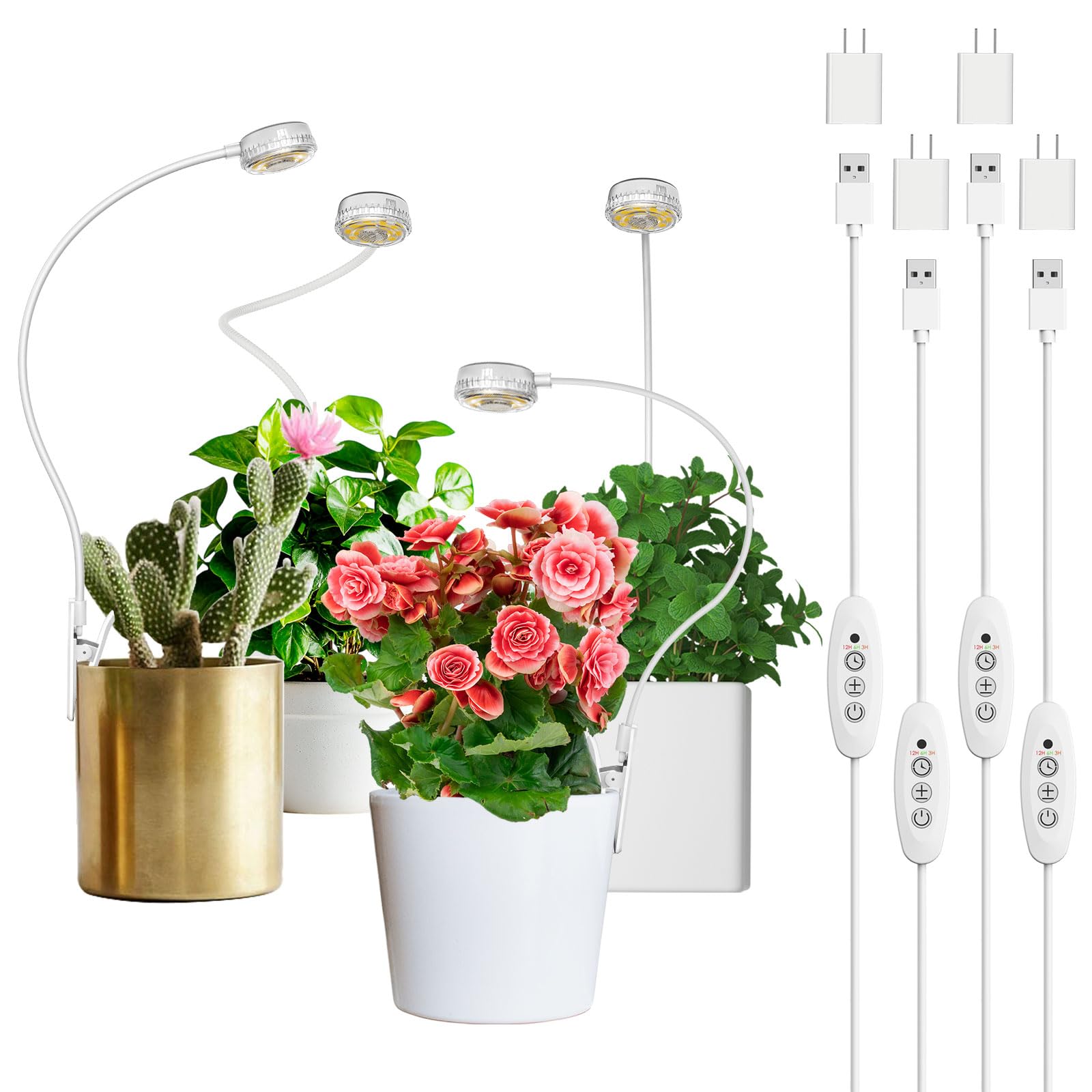 SANSIGrow Lights for Indoor Plants, ETL Listed Pot Clip LED Plant Lights for Indoor Growing, Full Spectrum, 4-Level Dimmable, Auto On Off 3 6 12 Hrs Timer for Small Plants,Garden White 5V 4-PackRecycled Claim Standard Blended