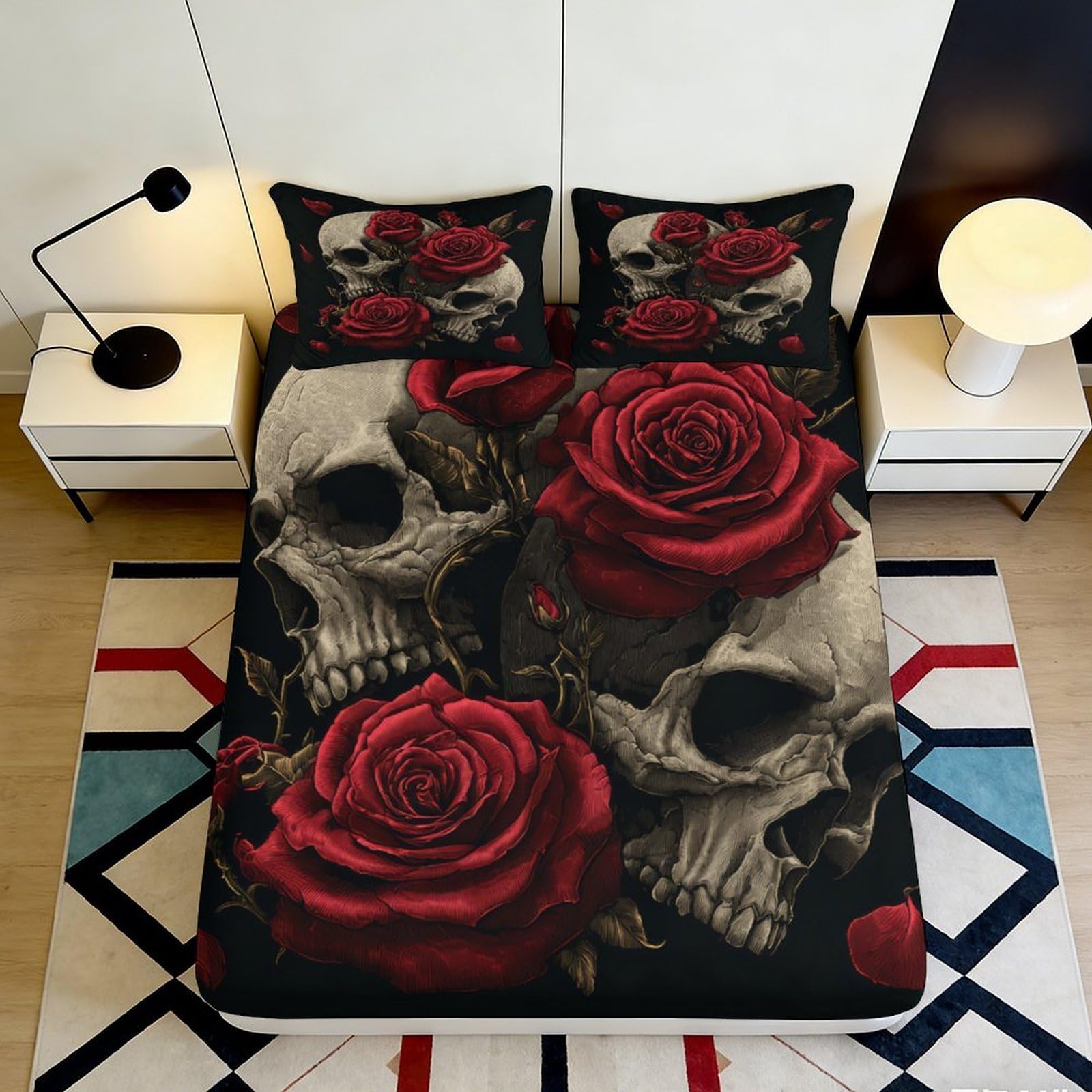 3D Printed Skull and Rose Fitted Sheet Microfiber Soft Durable Gothic Bed Cover for Bedroom Dormitory Guest Room Mattress Protection 200x200x25cm