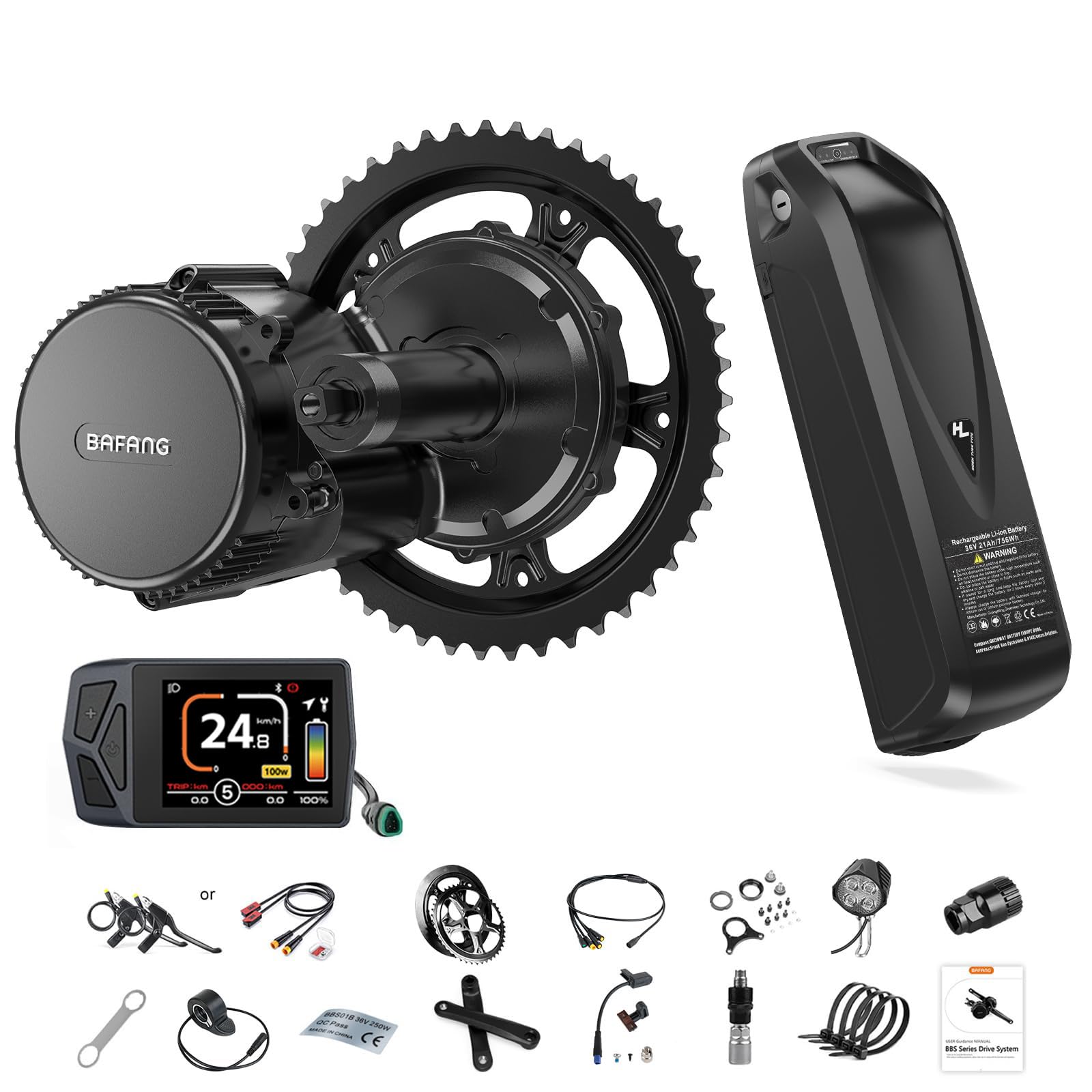 BAFANG Mittelmotor 48V 250W BBS01B Ebike Umbausatz mit 48V16Ah Unterrohr-Batterie und Multifunktions EKD01 Display, CAN Version G340 8fun Motor für BB68mm Mountainbike Rennrad Pendlerfahrrad DIY Kit