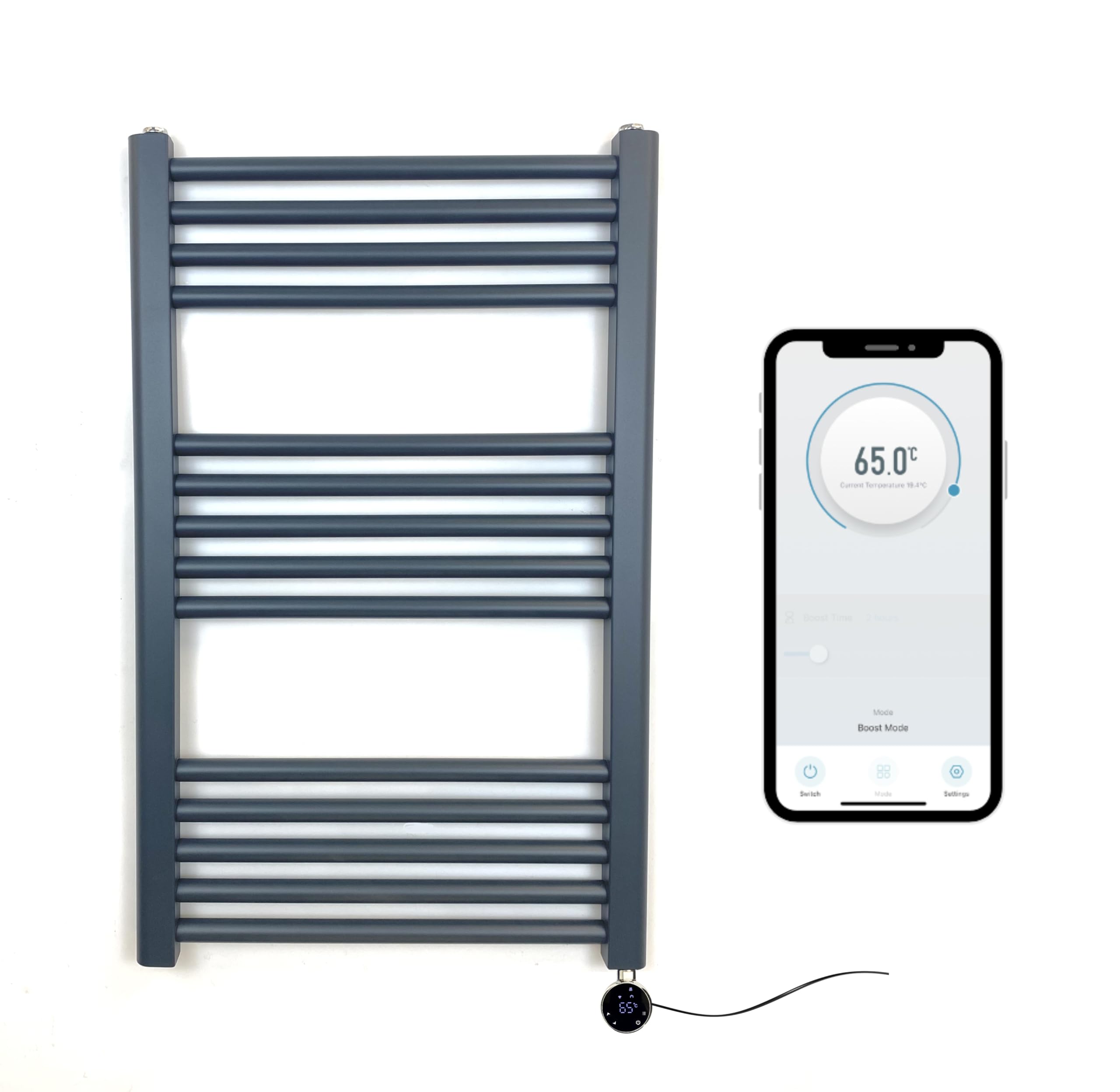 Greened House Anthracite Electric Wifi Heated Towel Rail 500Mm W X 800Mm H