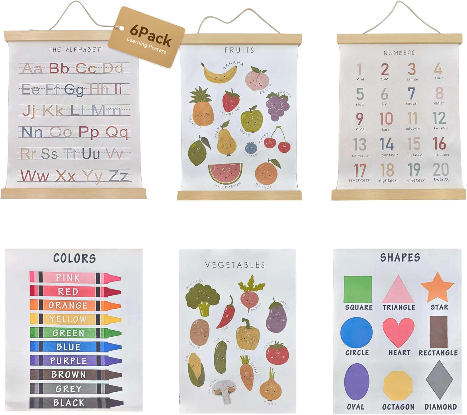 6Pack Toddler Learning Posters , Educational Posters 3 Wooden Magnetic Rollers and 6 Canvas, Alphabet, Numbers, Colors, Shapes, Fruits, Vegetables, 12x16In Classroom Decor for Playroom, Toddler Room