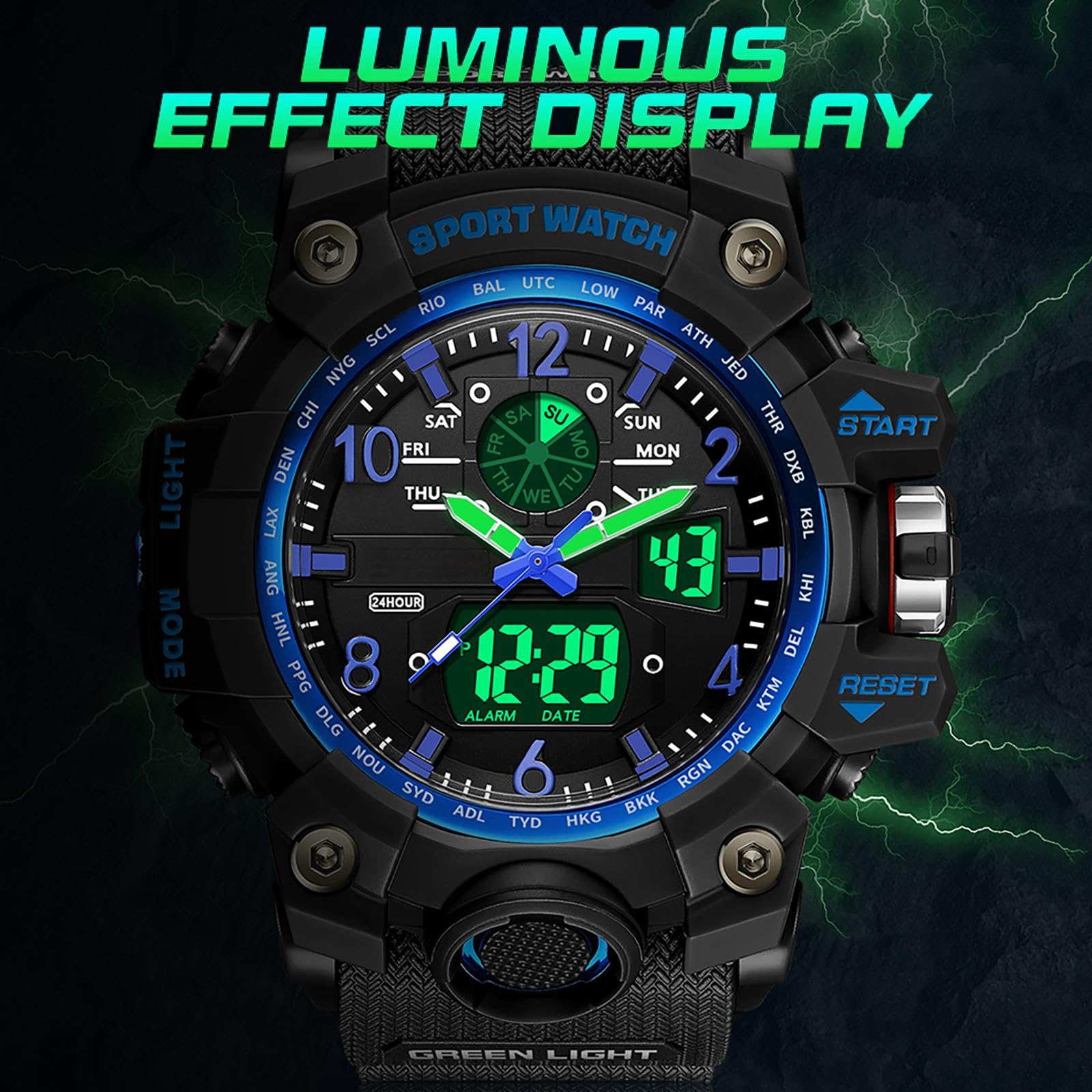 findtime Orologio militare, da uomo, digitale, sportivo, blu, verde, nero, orologio digitale, cronografo, da uomo, 5 ATM, impermeabile, militare, orologio tattico, per attività all'aperto, cronometro,