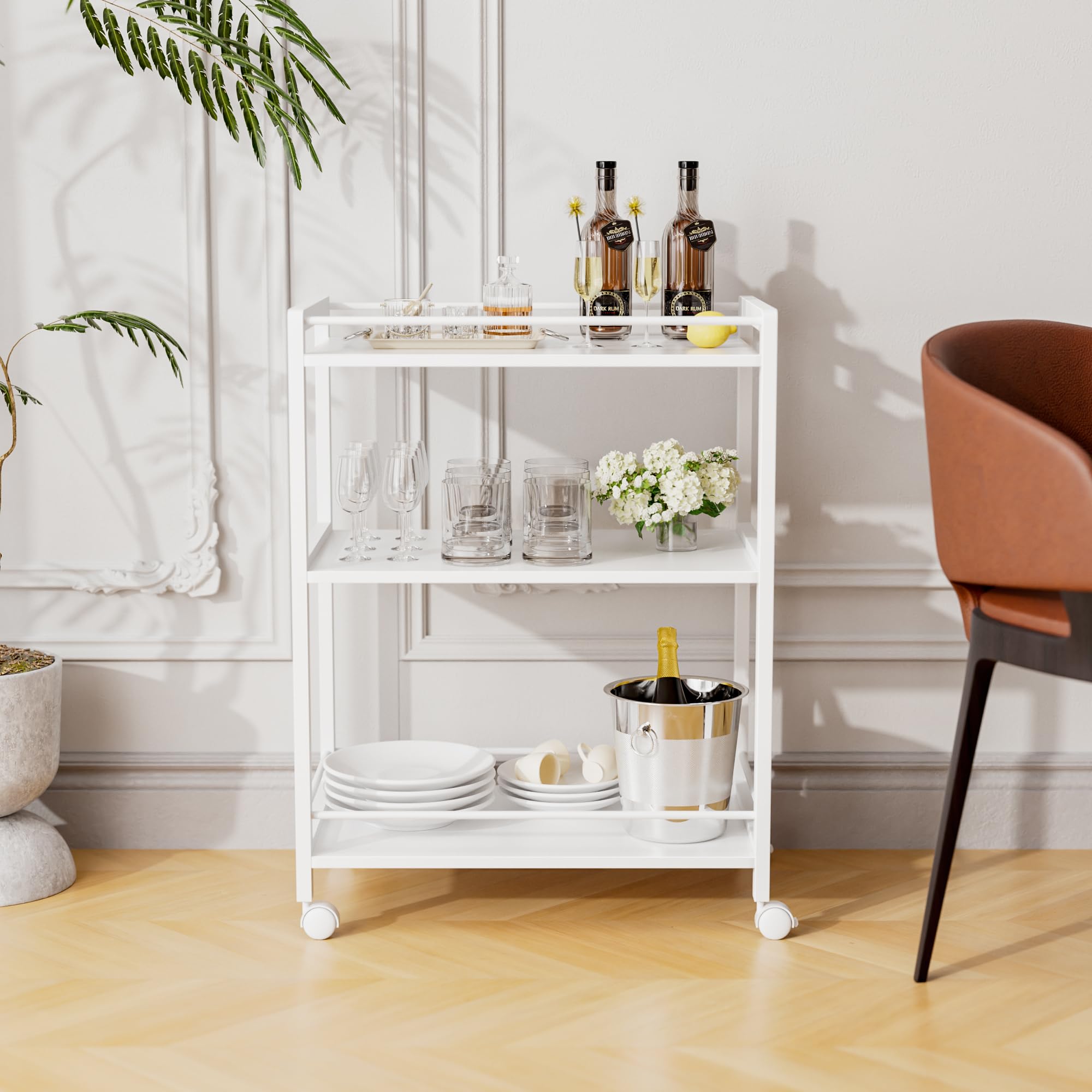 HITNET Chariot de Bar Blanc, Desserte pour Boissons, Chariot de Service à 3 Niveaux sur roulettes, Chariot de Cuisine Roulant pour la fête à la Maison