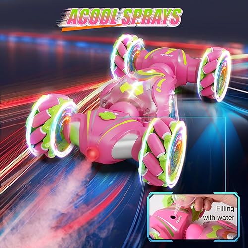 Miniatura 5 de Coche de control remoto, autos de control remoto rosa para niñas, acrobacias de gestos con luz y música, 4 WD, rotación de 360, juguetes de auto de
