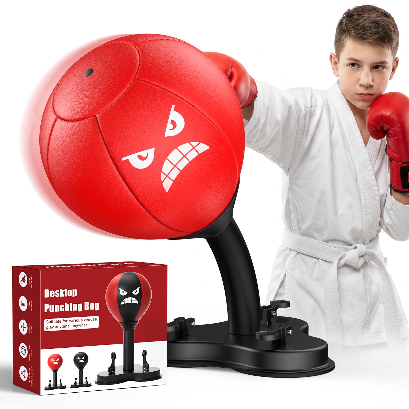 Desktop Punching Bag, Speed Ball for Stress Relief & Reflex Training, Boxing Bag with Super Strong Spring Flexibility & Strong Suction Cup for Office Desk, Home Gym, for Kids(Red)