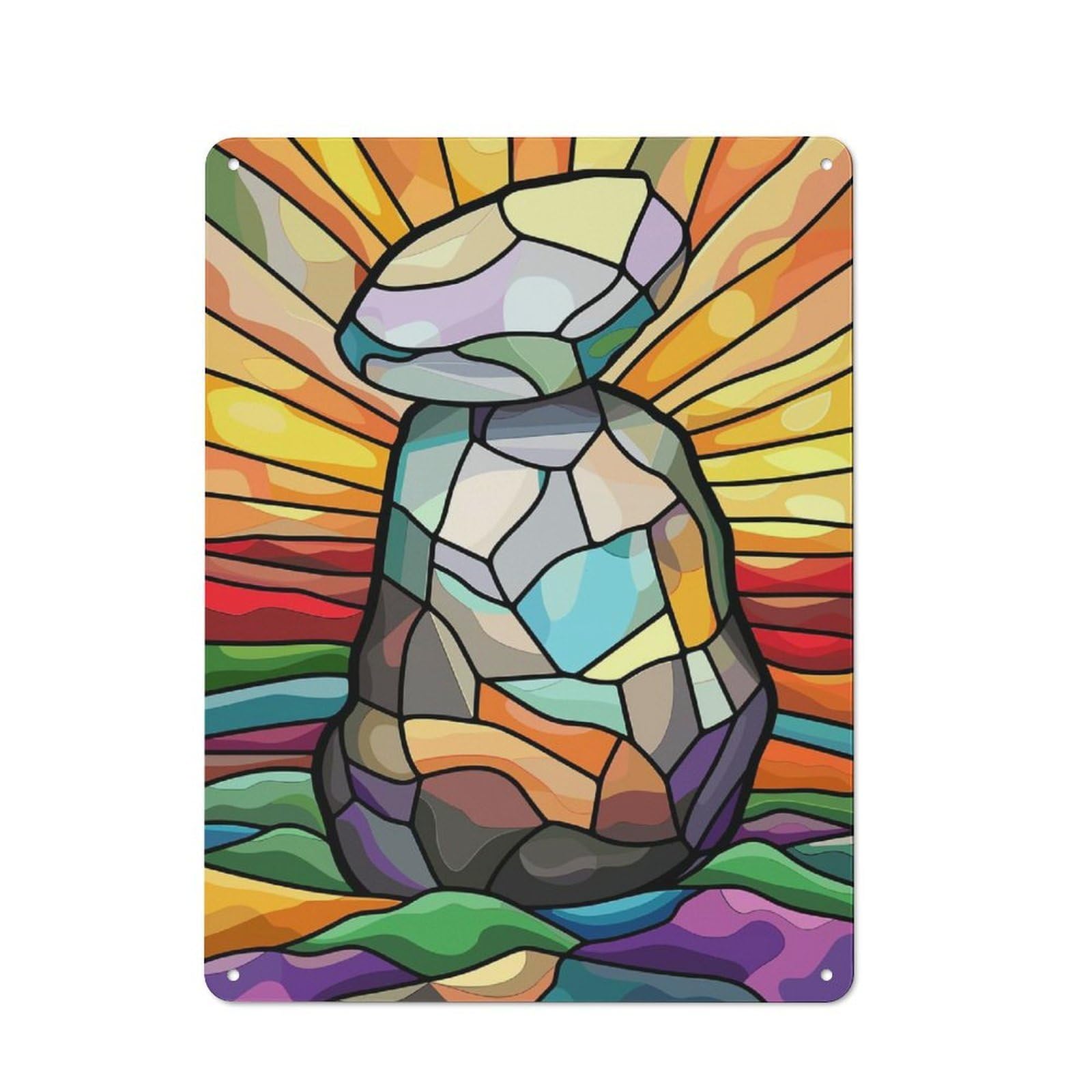 Junmoney Style-1 Stained Glass Cairn With Sunset Background Retro Metal Sign 40X30cm For Café Or Restaurant, Gift For Restaurant Decor Fans During The Christmas Season