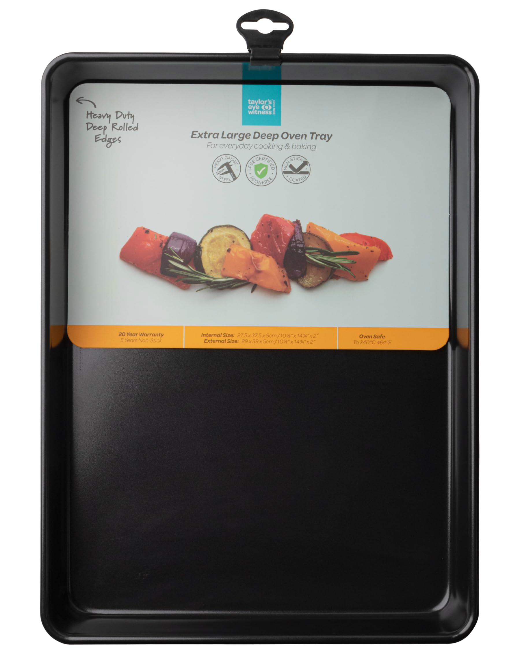 Extra Large Oven Tray with Rolled Edges - Black, Non-Stick Heavy Gauge 0.8mm Carbon Steel, LFGB Certified & 20 Year Guarantee. Perfect for Baking & Roasting. Easy-Clean, Durable & Safe