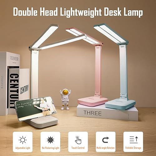 Miniatura 2 de Lámpara LED de escritorio de doble cabezal, lámpara de mesa portátil recargable, color de luz ajustable y brillo, alimentada por USB, luz LED para