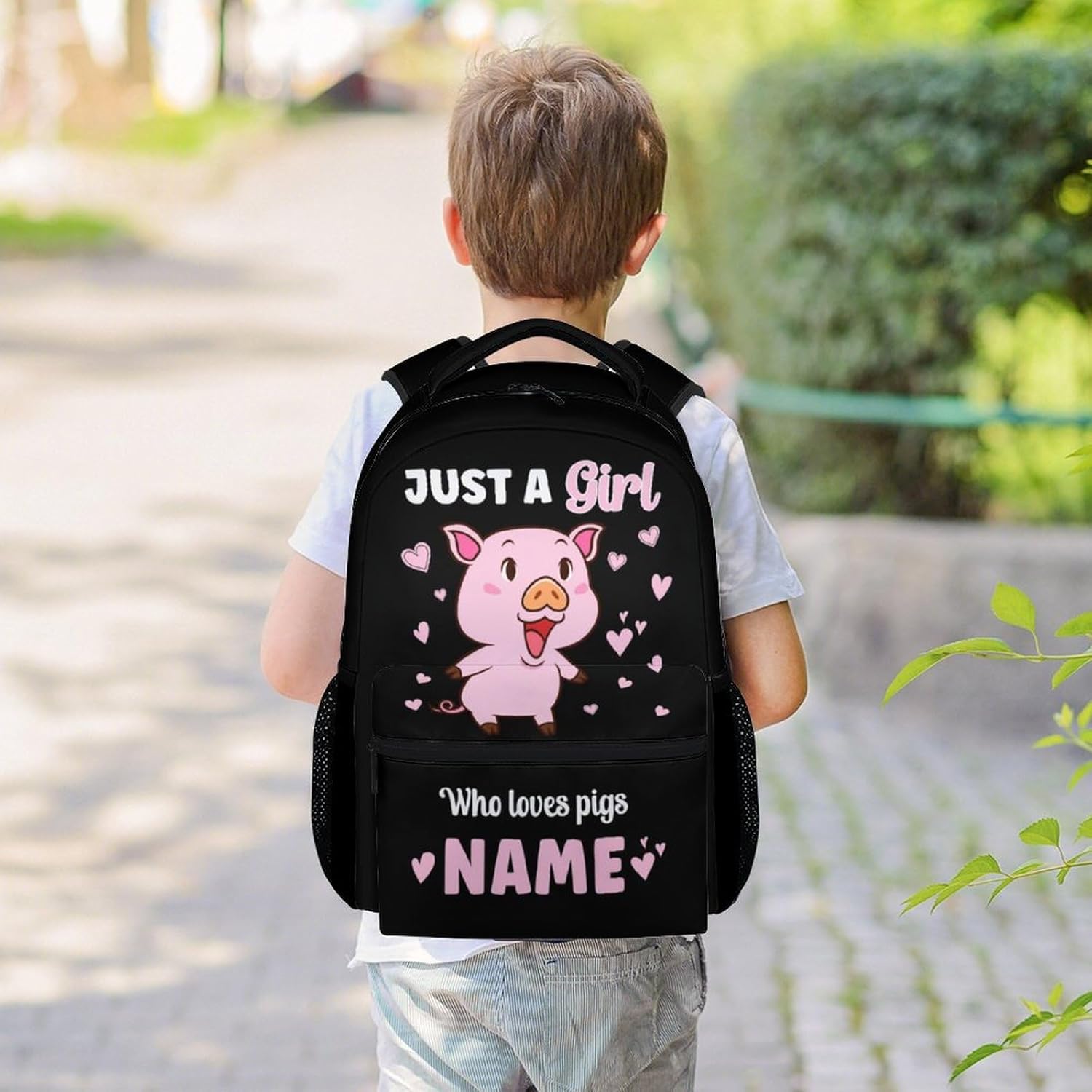 Mercuryelf Personalized Pig Backpack for Girls, 16 Inch Black Just a Girl Who Loves Pigs Backpacks for School, Cute Iightweight Bookbag for Kids