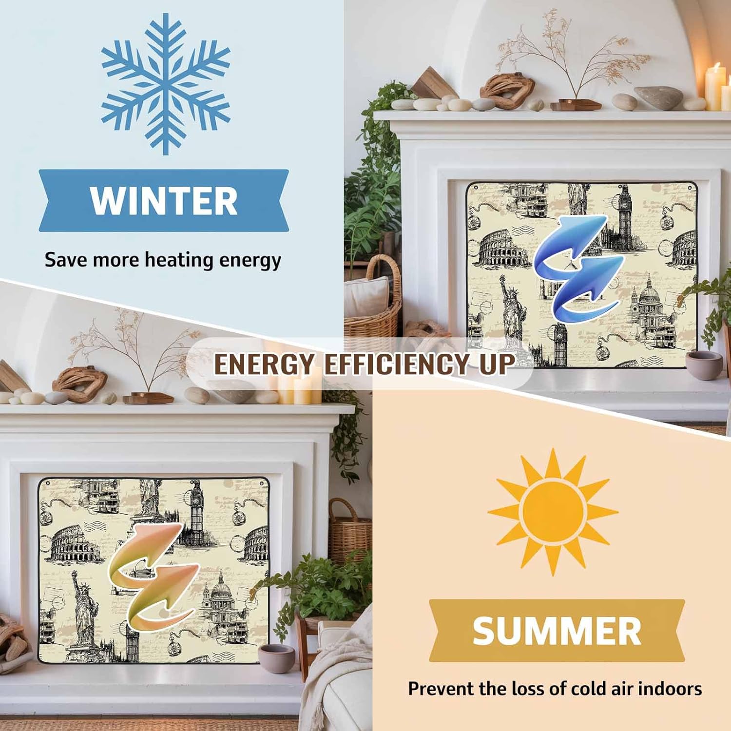 Magnetic Fireplace Cover Architecture Landscape Fireplace Screen Decorative Beige Scenic Spots Insulation Fireplace Blocker Save Energy Fireplace Draft Stopper Covers for Living Room 39x32 Inch