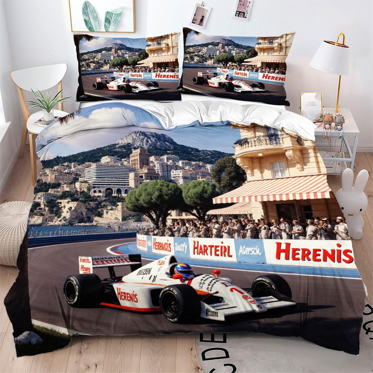 Parure de lit 160x200 voiture de course 3D avec 2 taies d'oreiller pour lit deux personnes