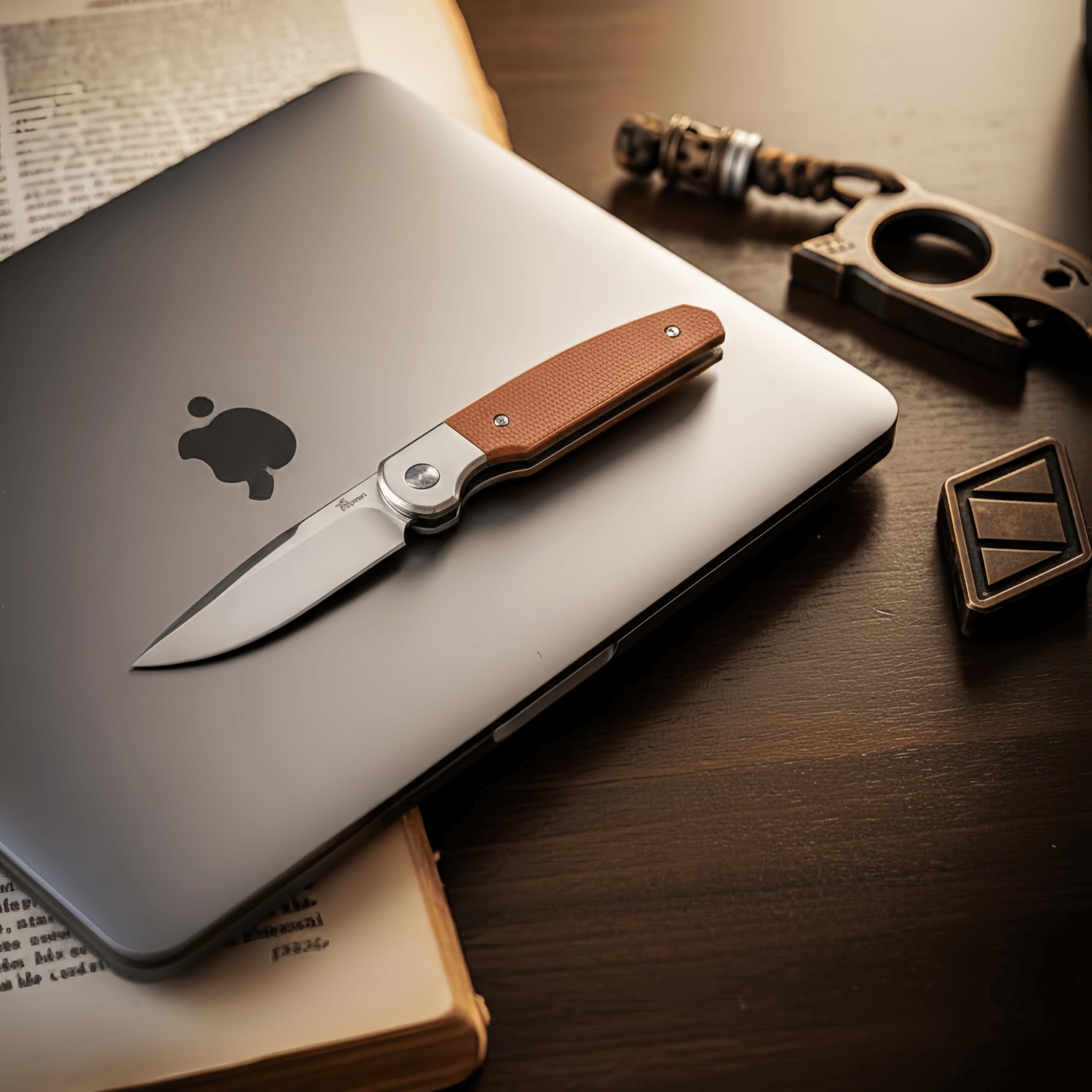 Nóż YF SMART Small Floding Pocket EDC – ostrze typu drop point, rękojeść z brązowego płótna z micarty, głęboki klips do kieszeni, kompaktowy składany nóż na kemping, piesze wycieczki i przygody (Mini)