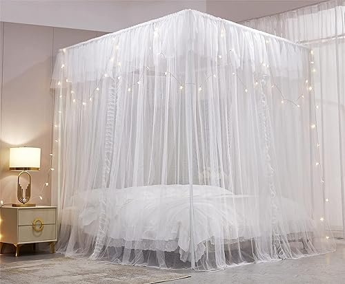 Miniatura 3 de VETHIN Cortina de cama de princesa con volantes de 4 esquinas, doble capa, acogedora red mosquitera de 4 aperturas para niñas y adultos, decoración