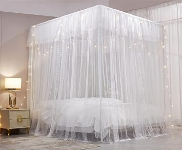 VETHIN 4 Corners Post Ruffle Princess Bed Canopy Curtain-Double Layer Cozy Drape Netting 4 Opening Mosquito Net for Girls Adults Bedroom Decoration (White/White, 64 W*82 L*82*H/(Queen))
