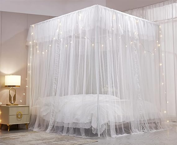 VETHIN 4 Corners Post Ruffle Princess Bed Canopy Curtain-Double Layer Cozy Drape Netting 4 Opening Mosquito Net for Girls Adults Bedroom Decoration (White/White, 64 W*82 L*82*H/(Queen))