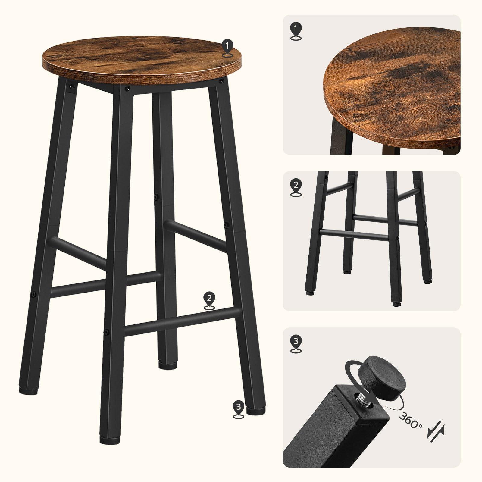 HOOBRO Barhocker 2er-Set, Barstühle, Küchenstühle, geeignet für Esszimmer, Küche, Bartheke, robust und stabil, Industrial Style, Vintagebraun-Schwarz EBF07BY01G1