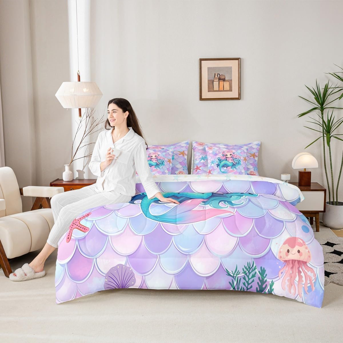 Erosebridal Mermaid Tail Twin Bed in a Bags for Girls,Cute Mermaid Princess 7 Piece Comforter Set for Child Toddler Bedroom,Kids Fish Scales Bed Set,Girly Purple Blue Sea Animal Skin Bedding Set