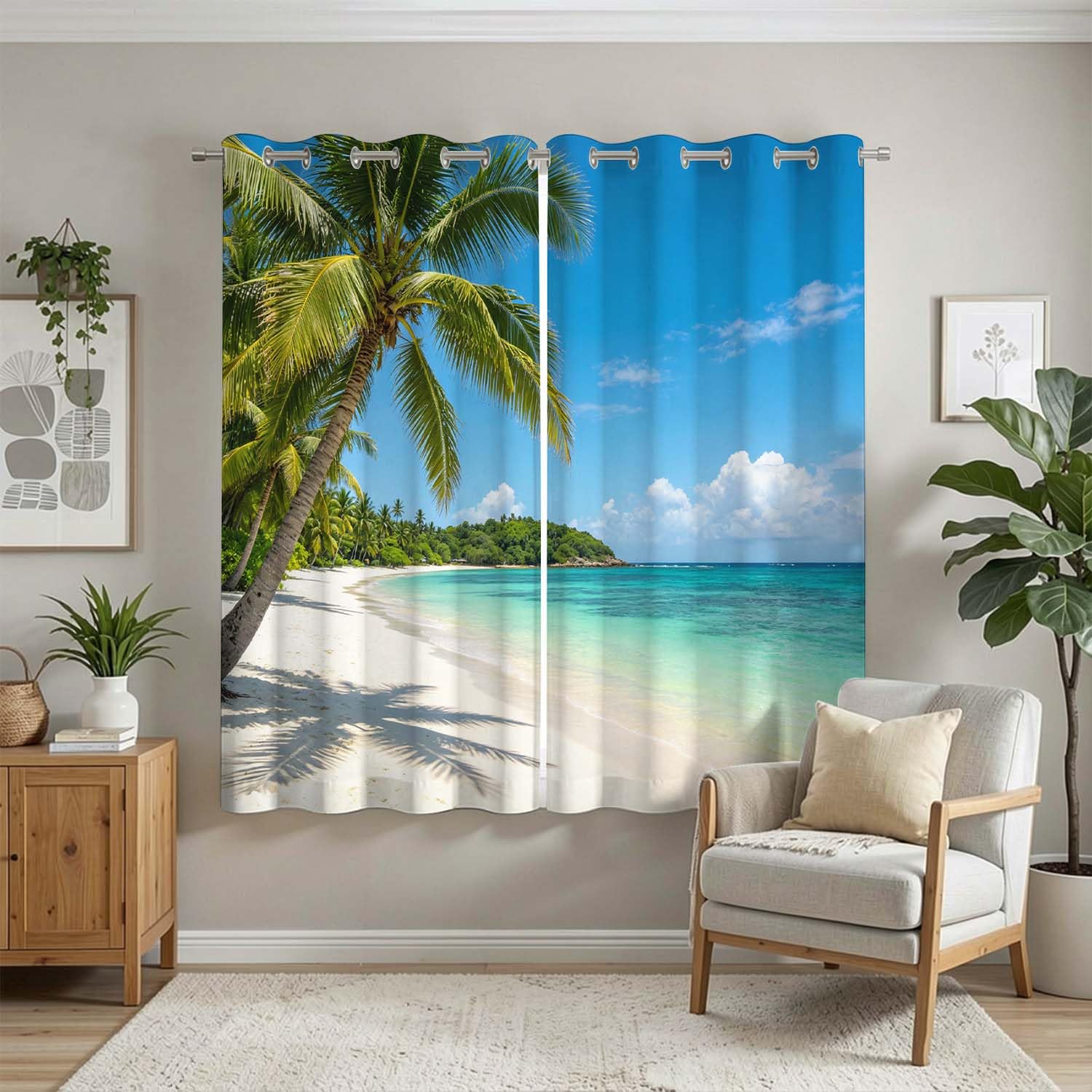 Rideaux Occultants 117x138 cm Lot de 2 à Œillets Plage Tropicale